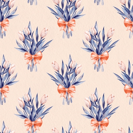 Bouquet. Flowers and bow. Seamless pattern on paper textureの写真素材