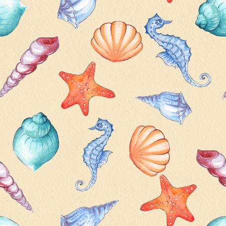 Seashells. Watercolor background. Hand drawn seamless pattern 1の写真素材