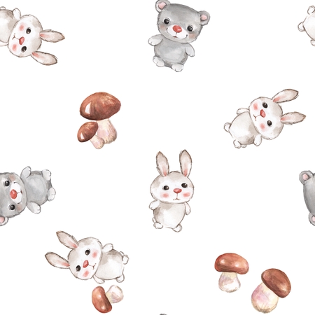 Background with rabbits and teddy bear. Seamless pattern with cartoon animals 4. Watercolor painting.の写真素材
