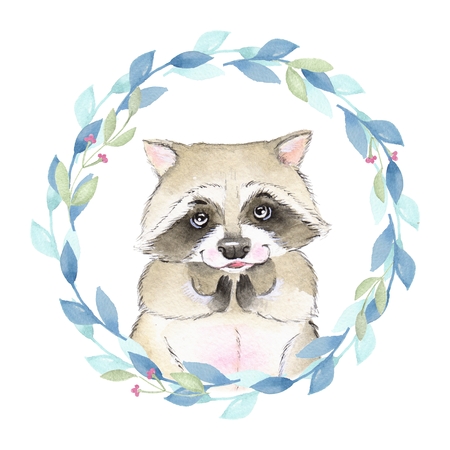 Raccoon and floral wreath. Watercolor illustration. Isolated on white backgroundの写真素材