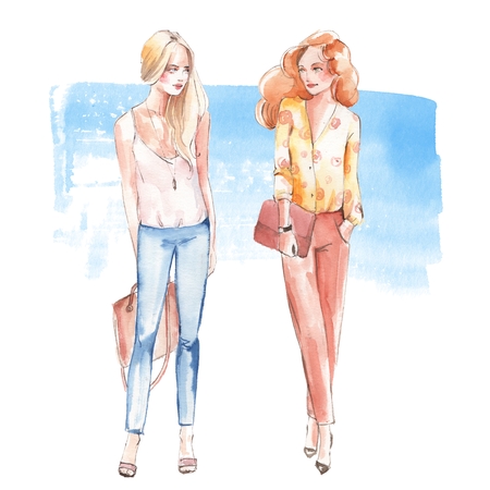 Street fashion 1. Girls. Watercolor illustrationの写真素材