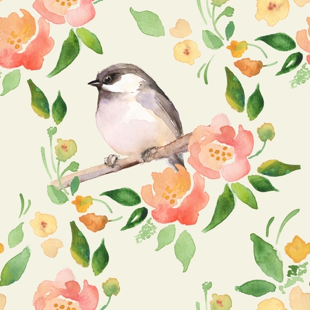 Watercolor floral background with a cute bird. Seamless pattern 1の写真素材