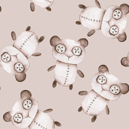 Seamless pattern with hand made toys. Watercolor creepy Teddy bearの写真素材