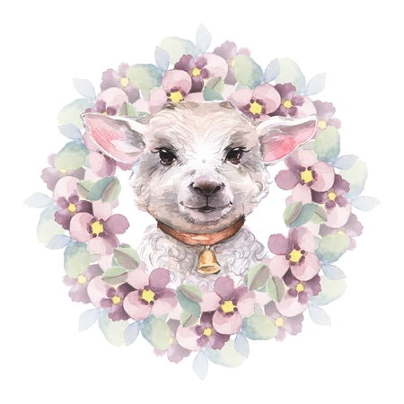 Goatling. Cute watercolor illustration. Hand drawn yeanling. Floral wreathの写真素材