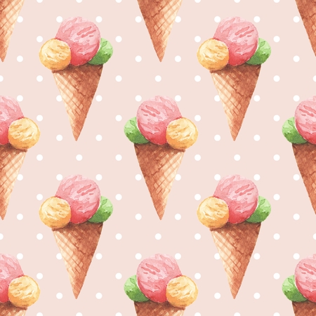 Ice cream. Watercolor background. Seamless patternの写真素材