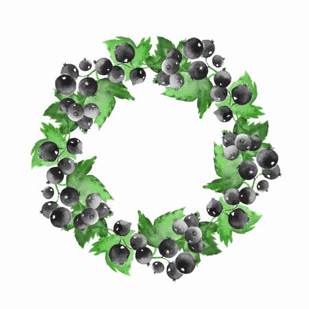 Watercolor floral wreath. Hand drawn element for design. Round frame with black currantの写真素材