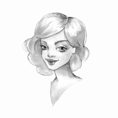 Hand drawn watercolor female face, cartoon girlの写真素材