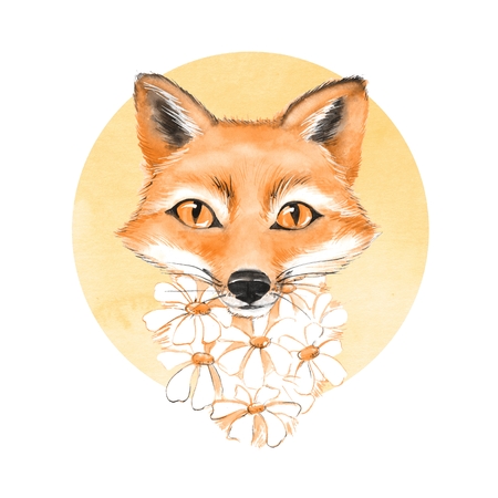 Fox on watercolor background. Cute illustrationの写真素材