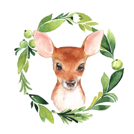 Baby Deer and floral frame. Hand drawn cute fawn. Watercolorの写真素材