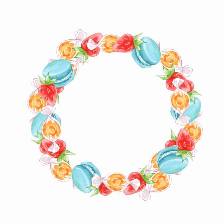 Decorative watercolor frame with candies and berriesの写真素材