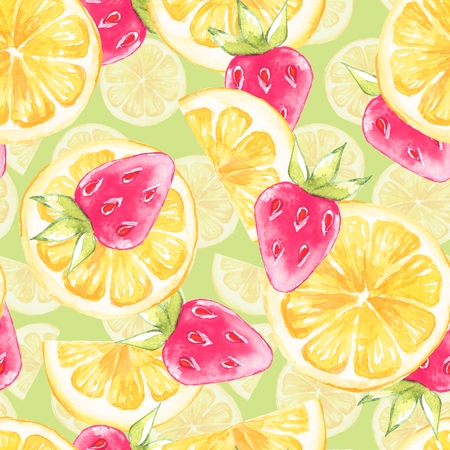Watercolor seamless pattern with lemon slice. Hand painted backgroundの写真素材