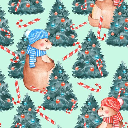 Christmas pattern with Teddy bear and fir treeの写真素材