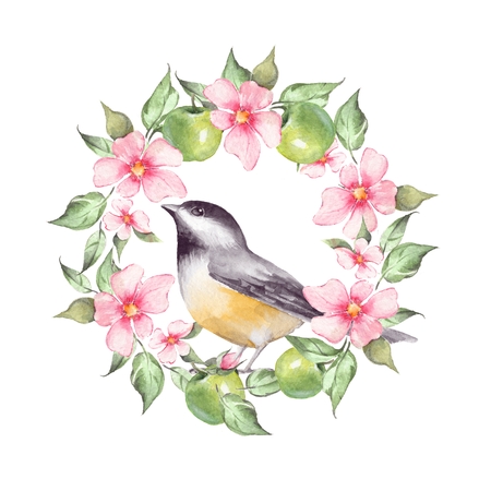 Watercolor floral wreath and birdの写真素材