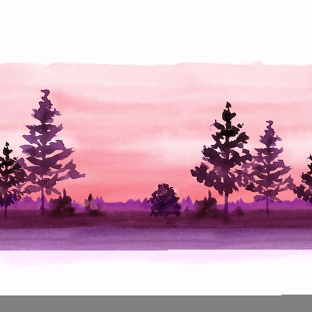 Landscape with simple summer trees. Seamless border. Watercolor patternの写真素材