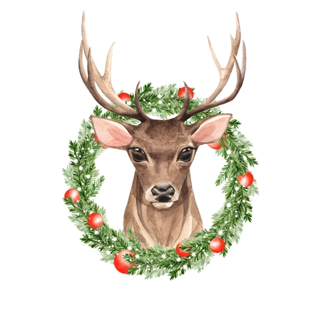 Noble deer. Christmas wreath. Watercolor illustrationの写真素材