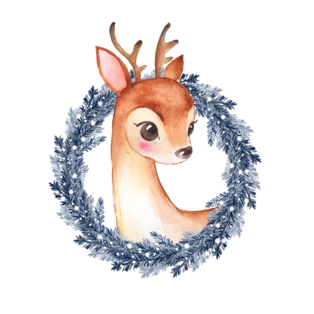 Baby Deer. Cute fawn and Christmas wreathの写真素材