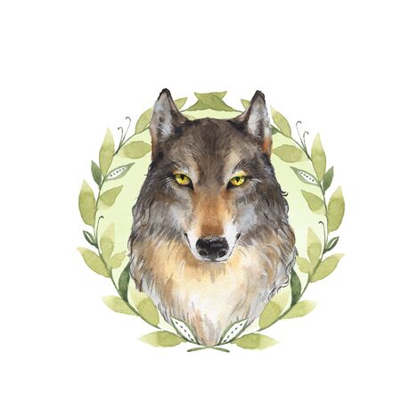 Wolf  and wreath. Watercolor illustration