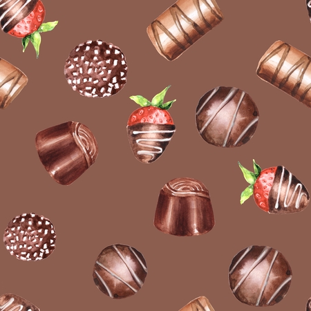 Chocolate candies, watercolor seamless pattern. Hand drawn sweet backgroundの写真素材