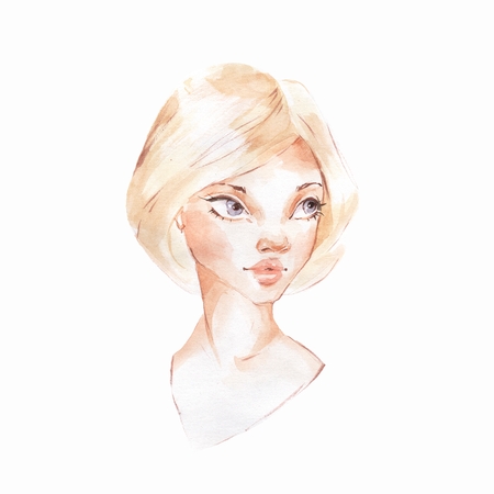 hand drawn watercolor female face, watercolor painting,の写真素材