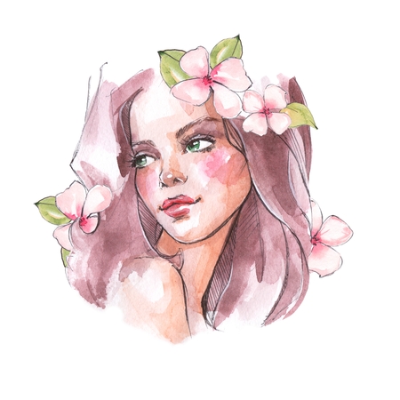Beautiful girl with long hair and flowers, watercolor sketch.の写真素材