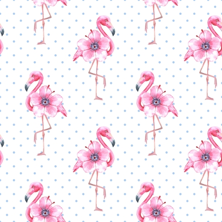 Tropical bird. Pink flamingo. Watercolor seamless patternの写真素材