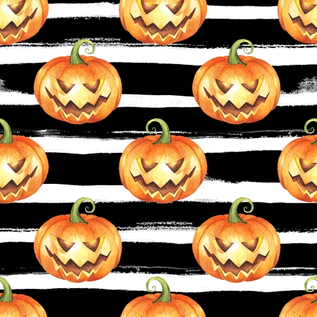 Halloween watercolor seamless pattern. Background with pumpkinsの写真素材