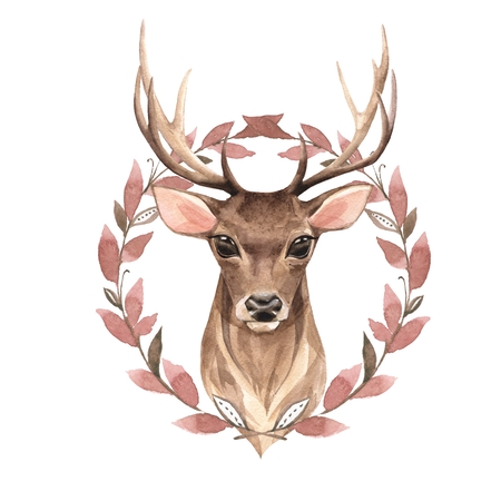Noble deer with brown wreath. Watercolor illustrationの写真素材