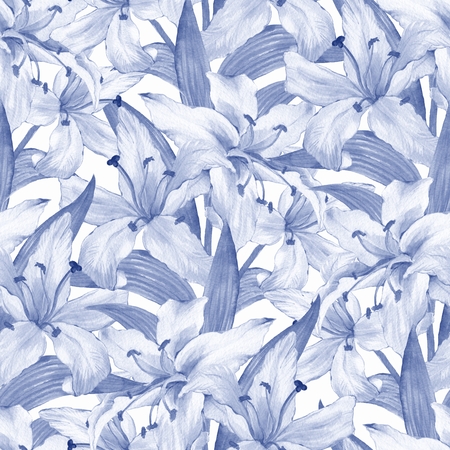 Pattern with lilies. Floral seamless watercolor background with white flowers.の写真素材