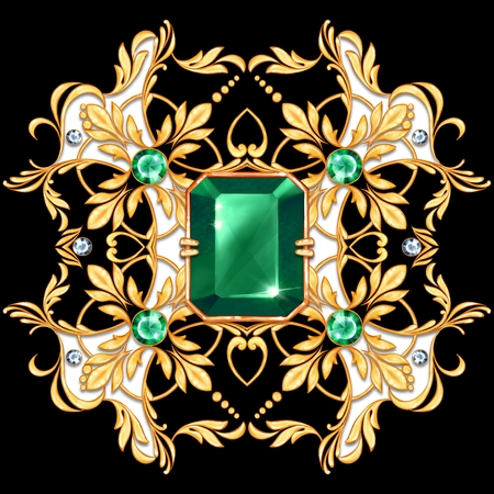 Square composition with golden scrolls and green gemsの写真素材