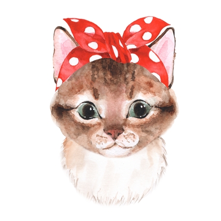 Cute cat wearing bandana. Hand painting watercolor illustrationの写真素材