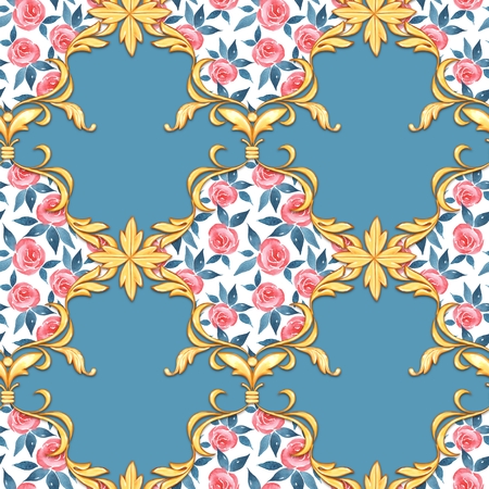 Seamless baroque pattern with decorative golden leaves and watercolor flowersの写真素材