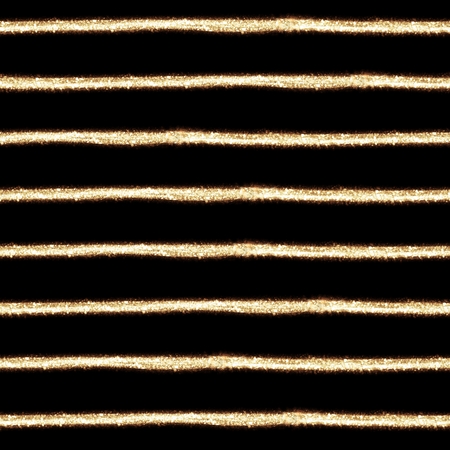 Hand drawn horizontal seamless stripes, gold glitter on black backgroundの写真素材