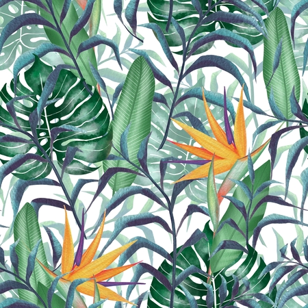 Tropical plants. Sterlitzia flower. Seamless floral pattern wimn watercolor styleの写真素材