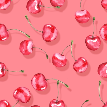 Watercolor illustration. Seamless pattern with red cherryの写真素材