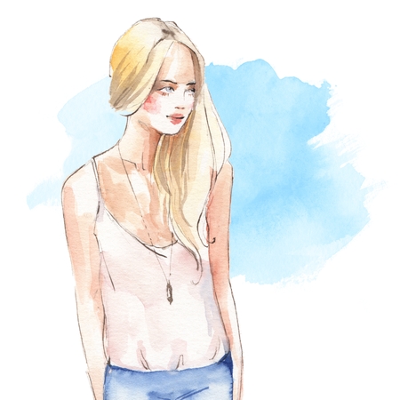 Watercolor fashion sketch. Young girl with long hairの写真素材