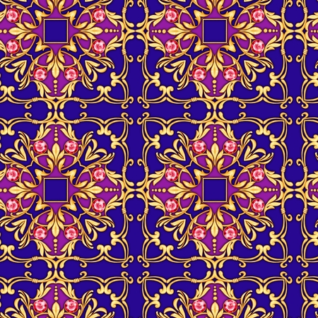 Luxury seamless pattern with golden scrolls and red gemsの写真素材