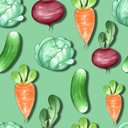 Seamless pattern with vegetables. Hand drawn cartoon backgroundの写真素材