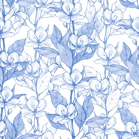 Blue floral seamless pattern. Monochrome watercolor background with flowersの写真素材