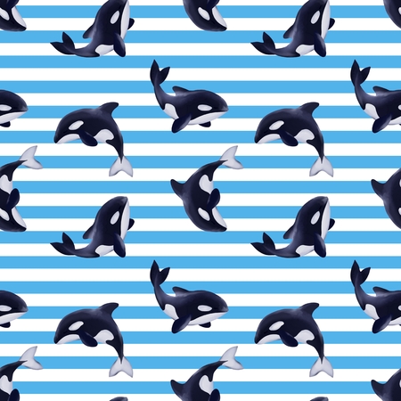 Seamless pattern of killer whales. Background with cartoon orcasの写真素材