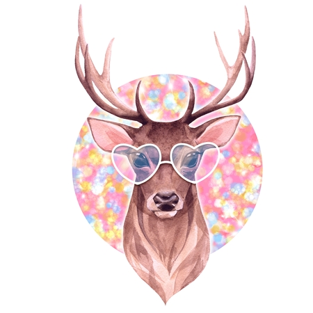 Deer in glasses. Watercolor illustration on pink backgroundの写真素材