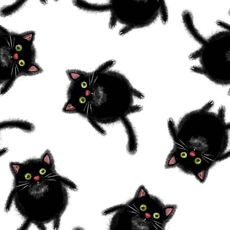 Seamless pattern with cartoon black cats. Cute Halloween backgroundの写真素材
