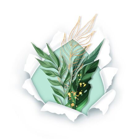 Floral illustration bouquet. Green leaf branches for wedding stationary. Golden decorative elementsの写真素材