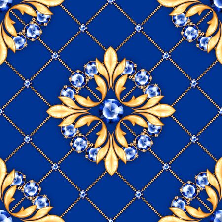 Jewelry background. Seamless pattern with crossed golden chains and round gemstonesの写真素材