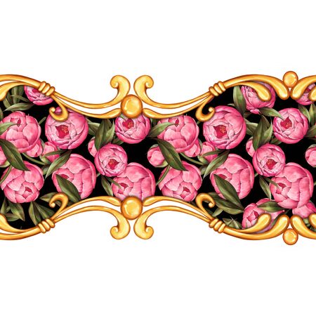 Decorative seamless border with peonies . Ornate element for design, isolated on white backgroundの写真素材