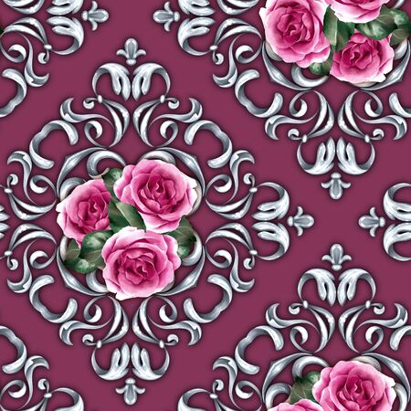 Seamless pattern with silver curls. Roses and baroque backgroundの写真素材