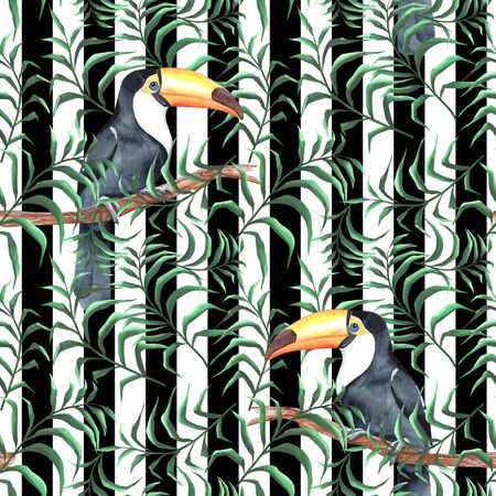 Watercolor seamless tropical pattern with toucans and leavesの写真素材