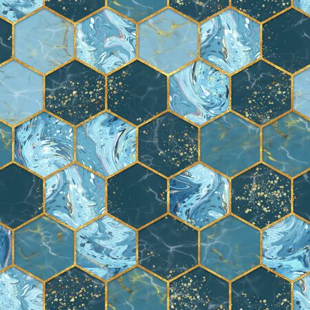 Marble hexagon seamless texture with gold. Abstract background