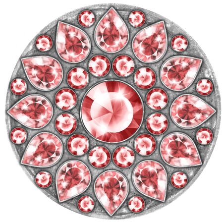 Mandala with red gems. Round pattern, jewelry decoration on white backgroundの写真素材