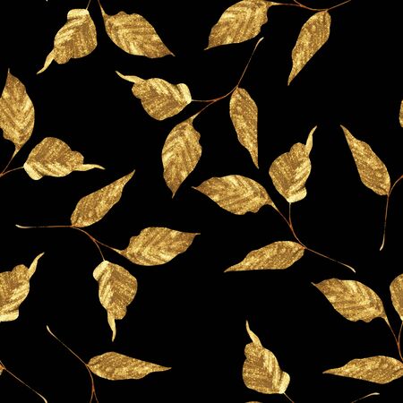 Gold seamless pattern of leaves. Trendy floral backgroundの写真素材