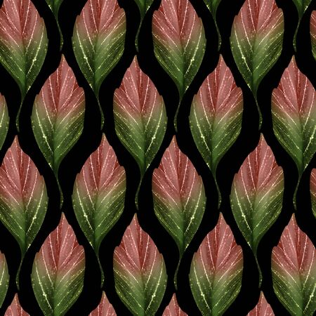 Seamless decorative pattern with green leaves on black backgroundの写真素材